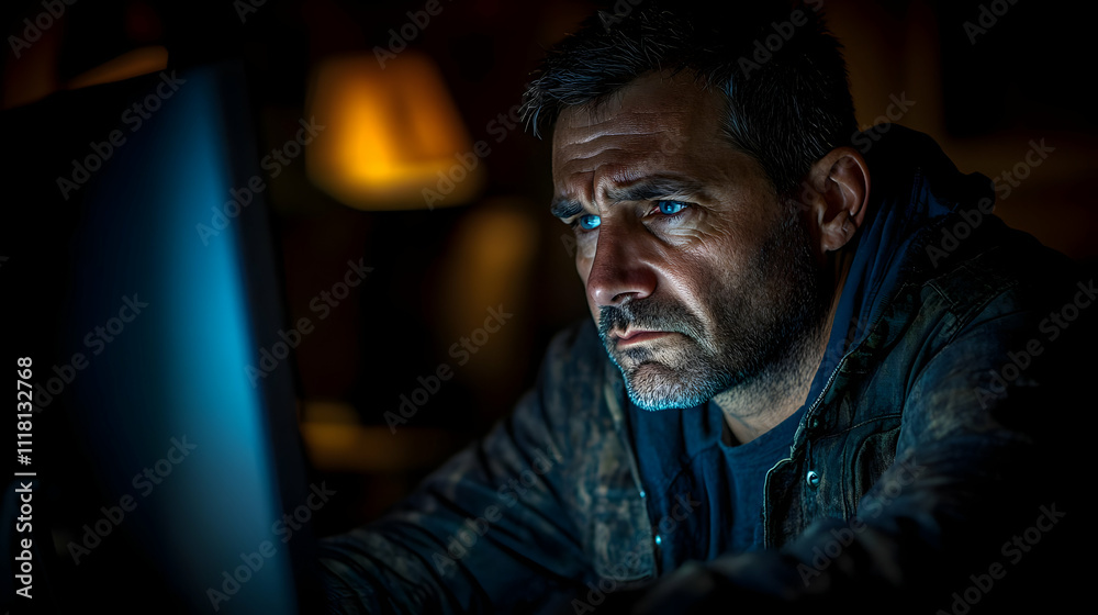Tired Office Worker concept as Office worker gazing tiredly at computer screen showing signs of exhaustion and sadness on Blue Monday suitable for magazine advertisement with copy space. in Photo Sto Tired Office Worker concept as Office worker gazing tiredly at computer screen showing signs of exhaustion and sadness on Blue Monday suitable for magazine advertisement with copy space. in Photo Sto
