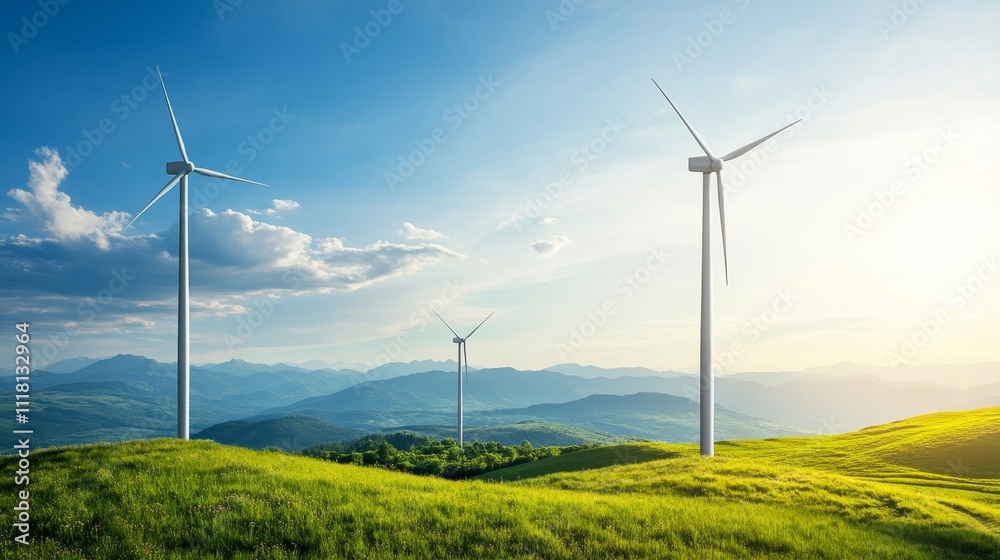 Three wind turbines are standing in a grassy field with a clear blue sky above Three wind turbines are standing in a grassy field with a clear blue sky above