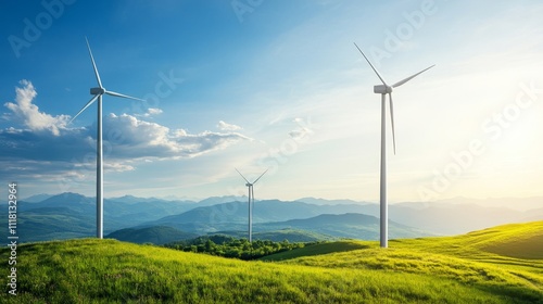 Three wind turbines are standing in a grassy field with a clear blue sky above