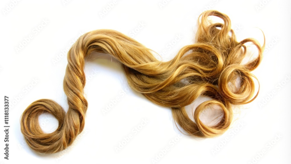 A Single Strand of Wavy Blonde Hair Isolated Against a White Background A Single Strand of Wavy Blonde Hair Isolated Against a White Background