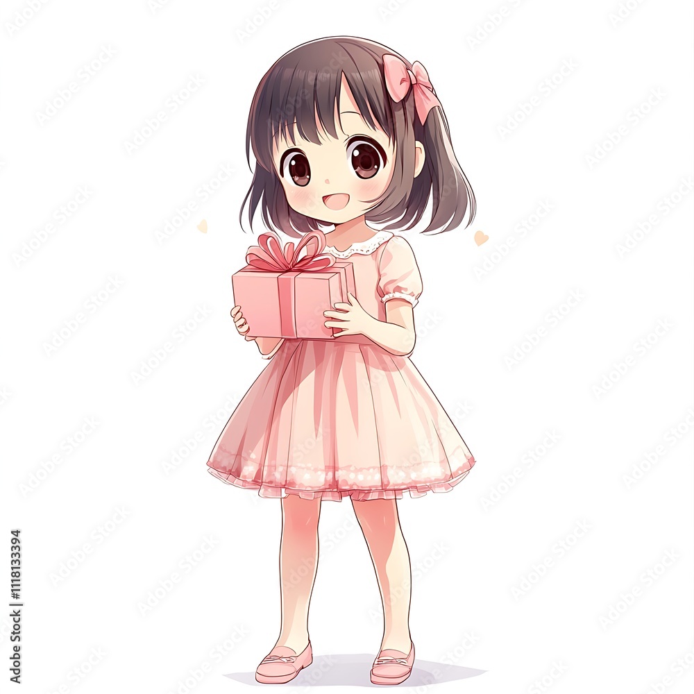 Little girl in a pink birthday dress, holding a present, anime style on a white background Little girl in a pink birthday dress, holding a present, anime style on a white background