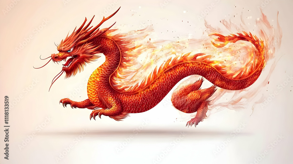 Obraz premium Vector of a red Chinese dragon in flight isolated on white background. concept as A dynamic vector illustration of a red Chinese dragon soaring through the air showcasing intricate scales and fiery de