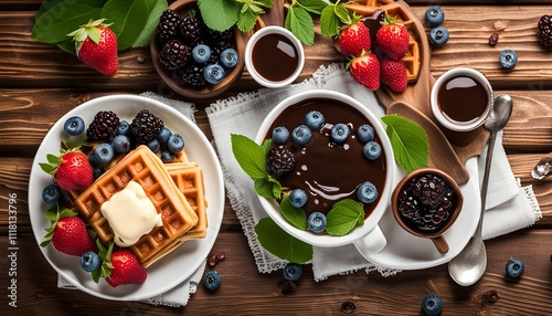 Waffles, Chocolate, and Berries: A Sweet and Delicious Treat photo