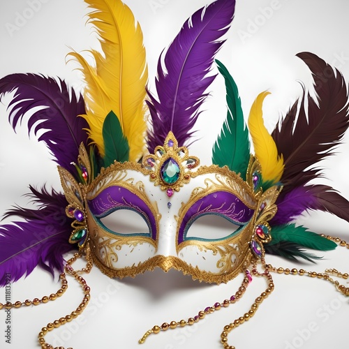 Elegant Mardi Gras Mask with Feathers and Jewels on White Studio Background