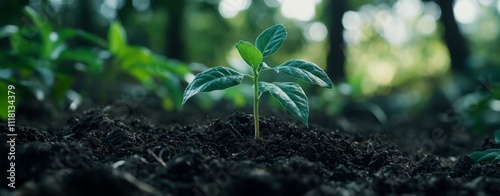 Green beginnings: A detailed shot of a small green seedling emerging from fertile soil, embodying the idea of environmentally conscious business and ecological growth. photo