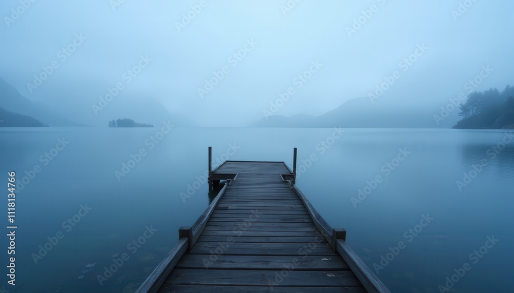 A wooden pier extends into a calm, misty lake surrounded by fog-covered mountains, creating a serene and solitary atmosphere A wooden pier extends into a calm, misty lake surrounded by fog-covered mountains, creating a serene and solitary atmosphere
