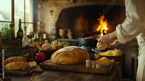 Rustic kitchen with home-cooked meals and fresh ingredients photo