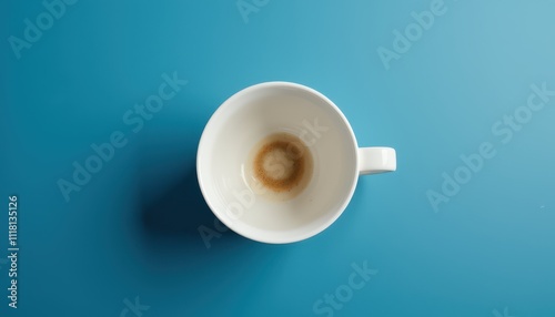 An empty white coffee cup with a coffee stain ring at the bottom is placed on a blue surface, viewed from above. The image highlights the remnants of a finished drink, suggesting a moment of pause or 