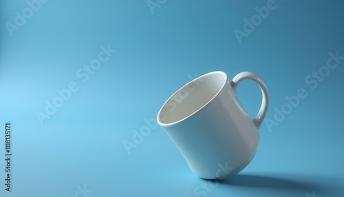 A white empty coffee cup is tilted on its side against a blue background, creating a minimalist and visually appealing composition
