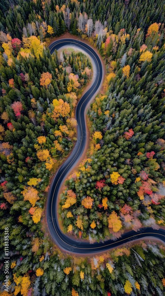Phone wallpaper: Winding road through the forest, aerial view of colorful autumn foliage, winding asphalt road in a pine and spruce forest, aerial drone photography Phone wallpaper: Winding road through the forest, aerial view of colorful autumn foliage, winding asphalt road in a pine and spruce forest, aerial drone photography