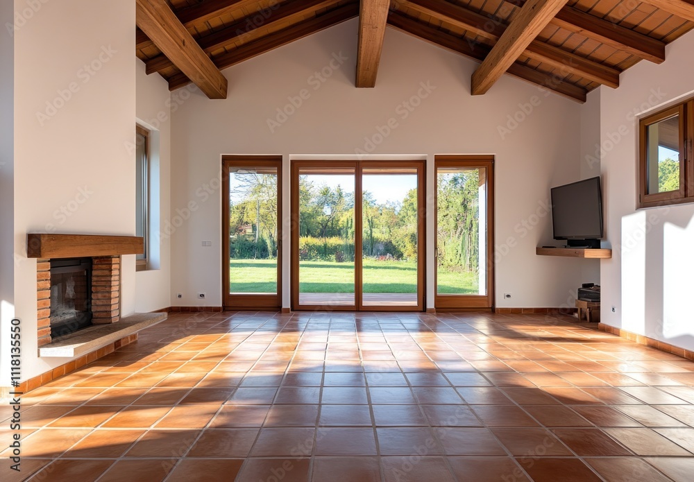 Sunlit empty room with terracotta floor, wooden beams, fireplace, and garden view. Sunlit empty room with terracotta floor, wooden beams, fireplace, and garden view.