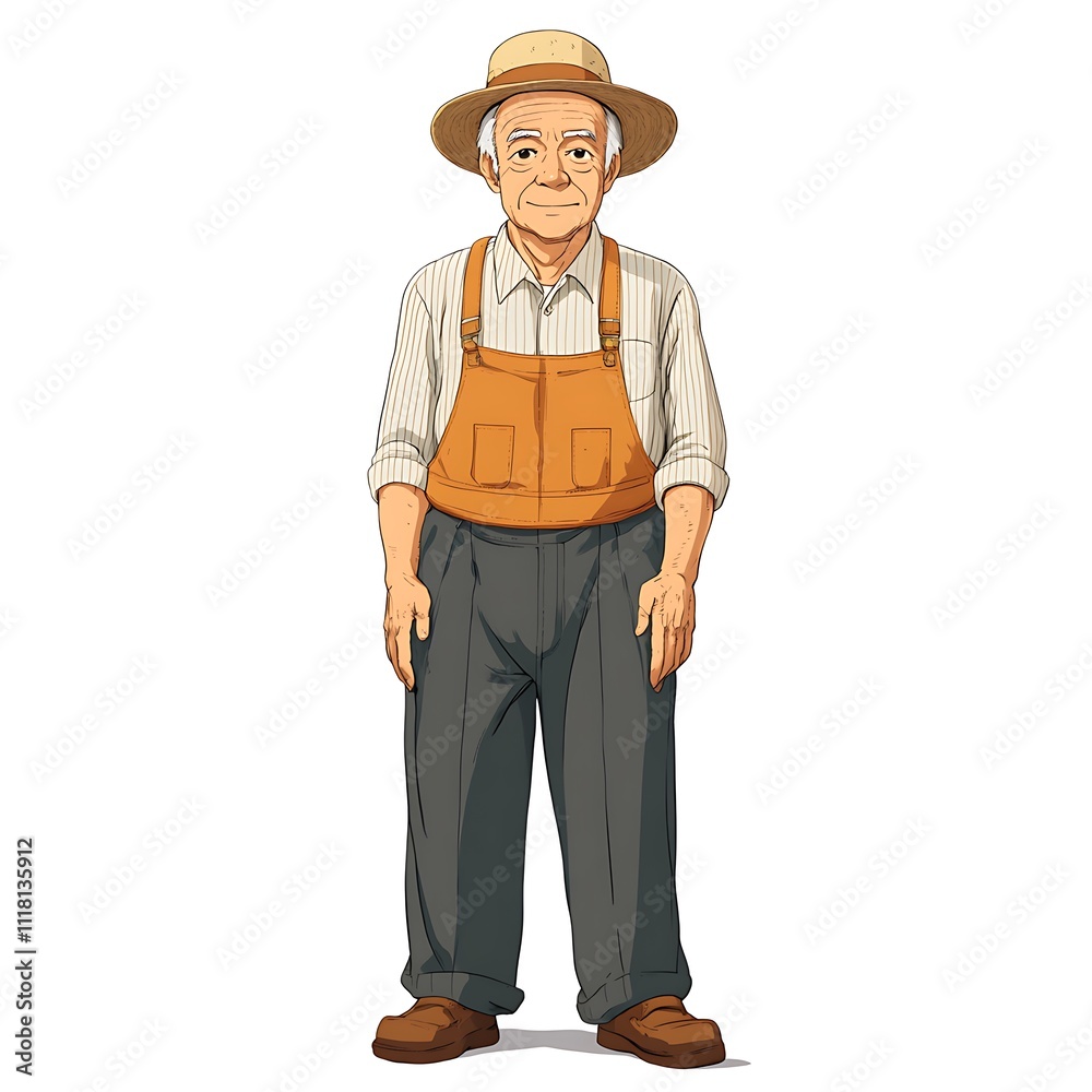 Anime elderly man in a farmer�s outfit on a white background Anime elderly man in a farmer�s outfit on a white background