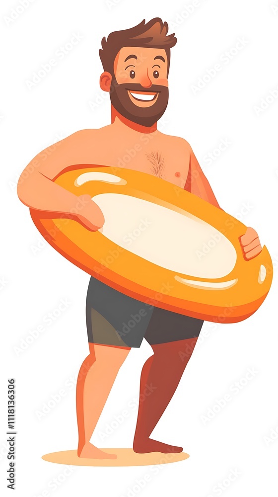Cartoon swimmer carrying a floatation board on a white background