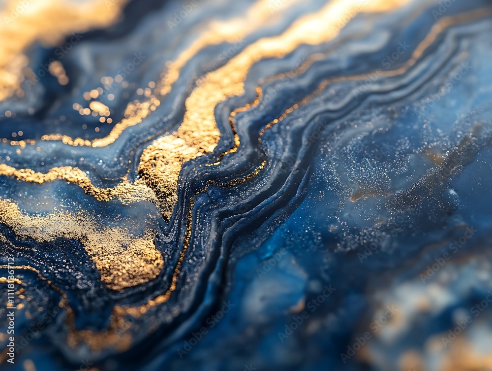Abstract blue and gold liquid art with swirling patterns and glitter. Abstract blue and gold liquid art with swirling patterns and glitter.