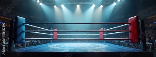 Empty boxing ring under dramatic spotlights in large arena. Foggy atmosphere creates powerful visual. Pro sports event setting. Empty octagon stage. Spectators fill arena. Event atmosphere.