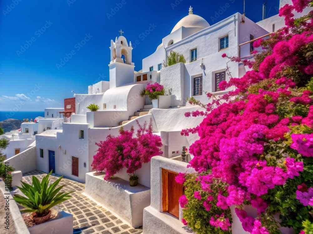 Naklejka premium Charming Whitewashed Buildings Adorned with Colorful Bougainvillea Under a Bright Blue Sky in Santorini, Greece - A Serene Mediterranean Scene for Travel Enthusiasts