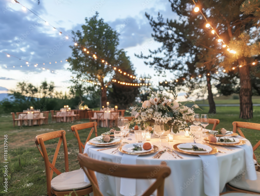 Obraz premium Elegant outdoor wedding reception dining setup with floral centerpieces and twinkling fairy lights