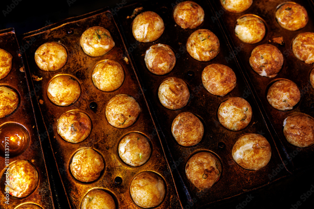 Japanese Takoyaki close-up, Osaka city street food. Japanese Takoyaki close-up, Osaka city street food.