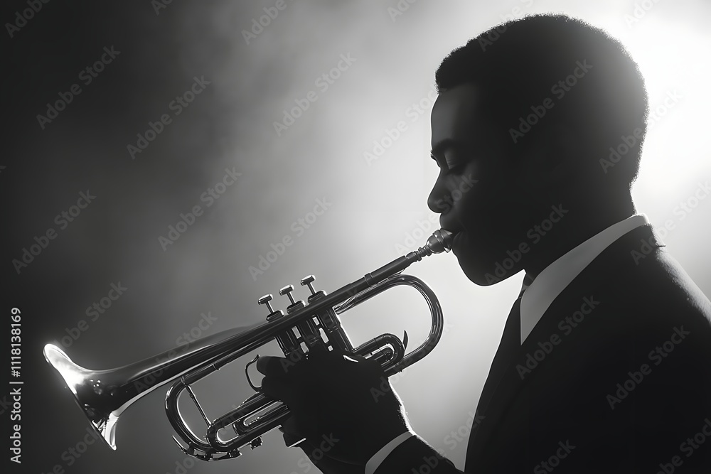 Obraz premium A silhouette of a musician playing the trumpet, evoking a jazzy atmosphere.