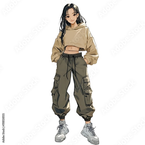 Anime young girl in a cropped hoodie and cargo pants on a white background