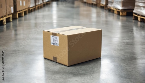 A cardboard box in a warehouse setting, ready for shipping or storage.