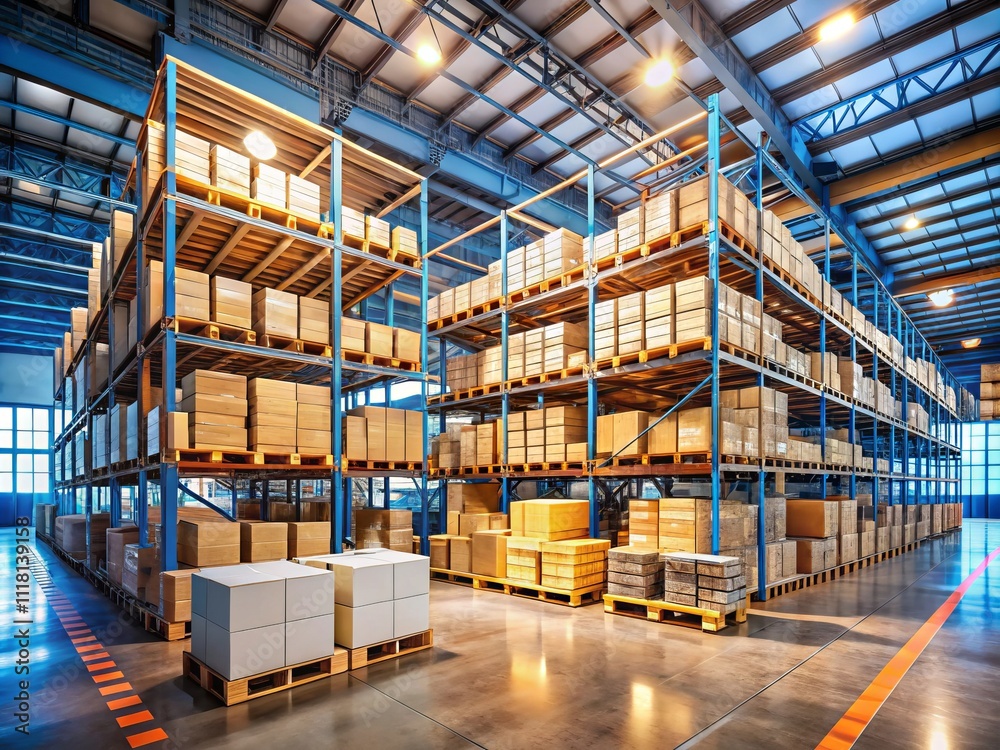 Efficient Warehouse Inventory Management: Aerial View of Rows of Cardboard Boxes Stacked on Pallets in a Modern Distribution Center Efficient Warehouse Inventory Management: Aerial View of Rows of Cardboard Boxes Stacked on Pallets in a Modern Distribution Center