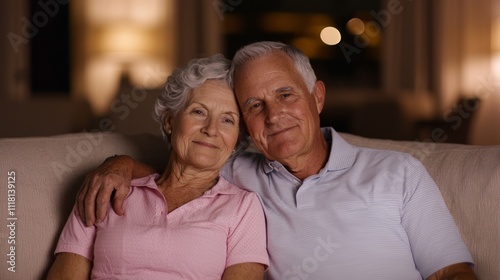 A warm, intimate portrait of an elderly couple smiling together, showcasing love and companionship in a cozy setting.