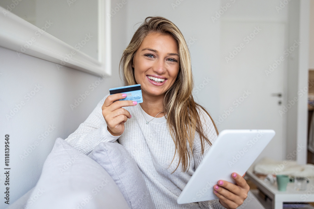 Cheerful Woman Shopping Online With Tablet and Credit Card at Home Cheerful Woman Shopping Online With Tablet and Credit Card at Home