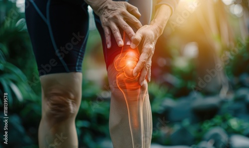 An individual grips their knee, with an area highlighted to indicate joint pain or injury, symbolizing health issues related to physical discomfort and the need for care photo