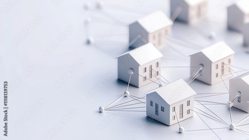 Abstract network of connected bank buildings representing the global fintech ecosystem Abstract network of connected bank buildings representing the global fintech ecosystem