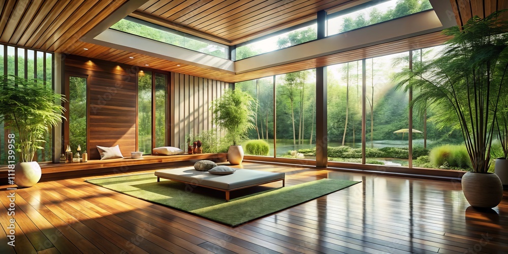 Escape to Serenity: A Tranquil Meditation Space Bathed in Natural Light, Featuring Bamboo Floors, Surrounded by Lush Gardens and Inviting Floor-to-Ceiling Windows for Relaxation