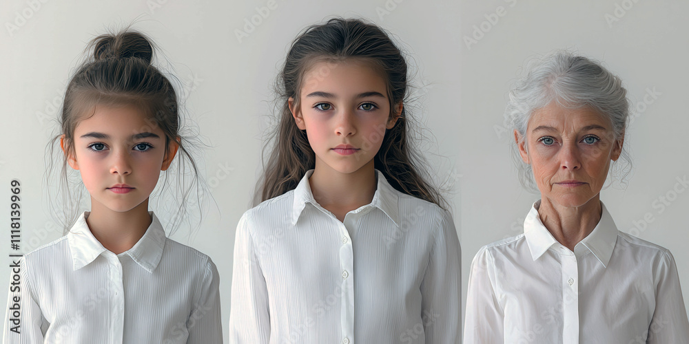 Three women are standing in a row, all wearing white shirts. The girls are of different ages, with the middle girl being the tallest. The women are posing for a photo Three women are standing in a row, all wearing white shirts. The girls are of different ages, with the middle girl being the tallest. The women are posing for a photo