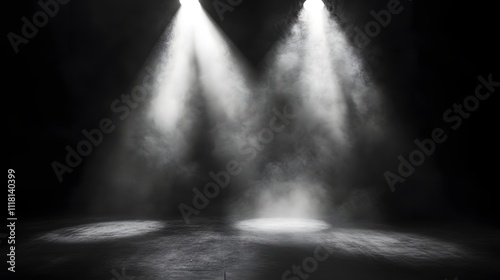 Two Spotlights Illuminate Smoky Dark Stage