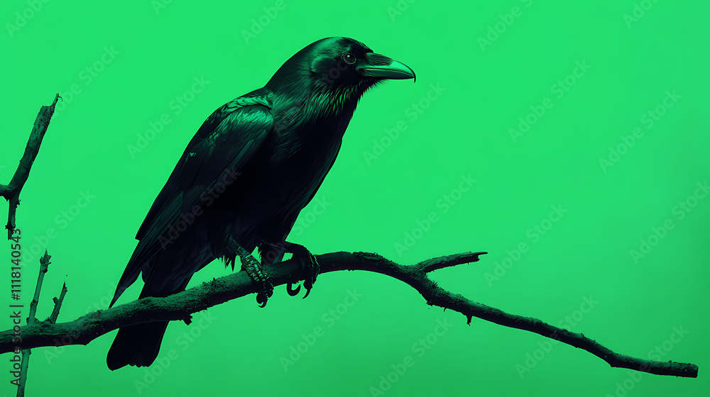 Naklejka premium A crow perched on a branch with a green chroma screen background, ready for keying and video editing. Chroma. Illustration