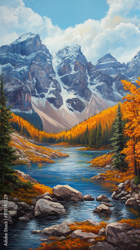 Phone wallpaper: picturesque autumn scene of the mountains with vibrant fall foliage and crystal-clear waters