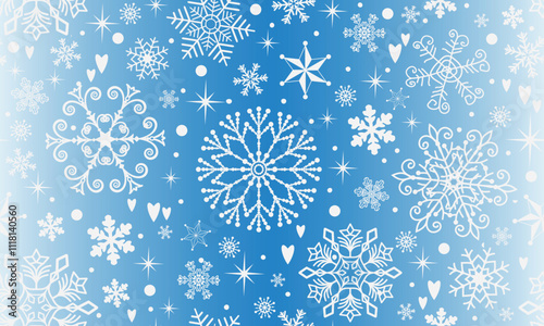Vector seamless Christmas and New-Year hand drown pattern with white snowflakes and stars on a transparent gradient background