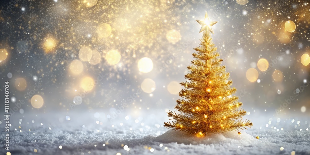 Glowing Golden Christmas Tree with Snowflakes on Light Silver Background - Bokeh Effect for a Magical Holiday Atmosphere Glowing Golden Christmas Tree with Snowflakes on Light Silver Background - Bokeh Effect for a Magical Holiday Atmosphere