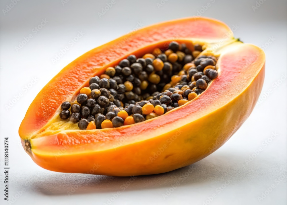 Half Cut Ripe Papaya with Seeds on White Background - A Fresh and Vibrant Tropical Delight for Culinary and Health-Related Stock Imagery Half Cut Ripe Papaya with Seeds on White Background - A Fresh and Vibrant Tropical Delight for Culinary and Health-Related Stock Imagery