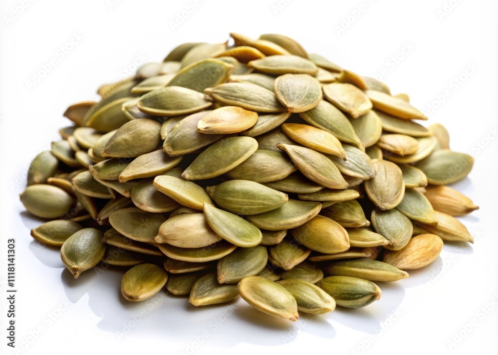 Isolated Pumpkin Seeds on a White Background: A High Depth of Field Capture Showcasing Their Unique Shape, Texture, and Natural Color for Culinary and Healthy Eating Concepts Isolated Pumpkin Seeds on a White Background: A High Depth of Field Capture Showcasing Their Unique Shape, Texture, and Natural Color for Culinary and Healthy Eating Concepts