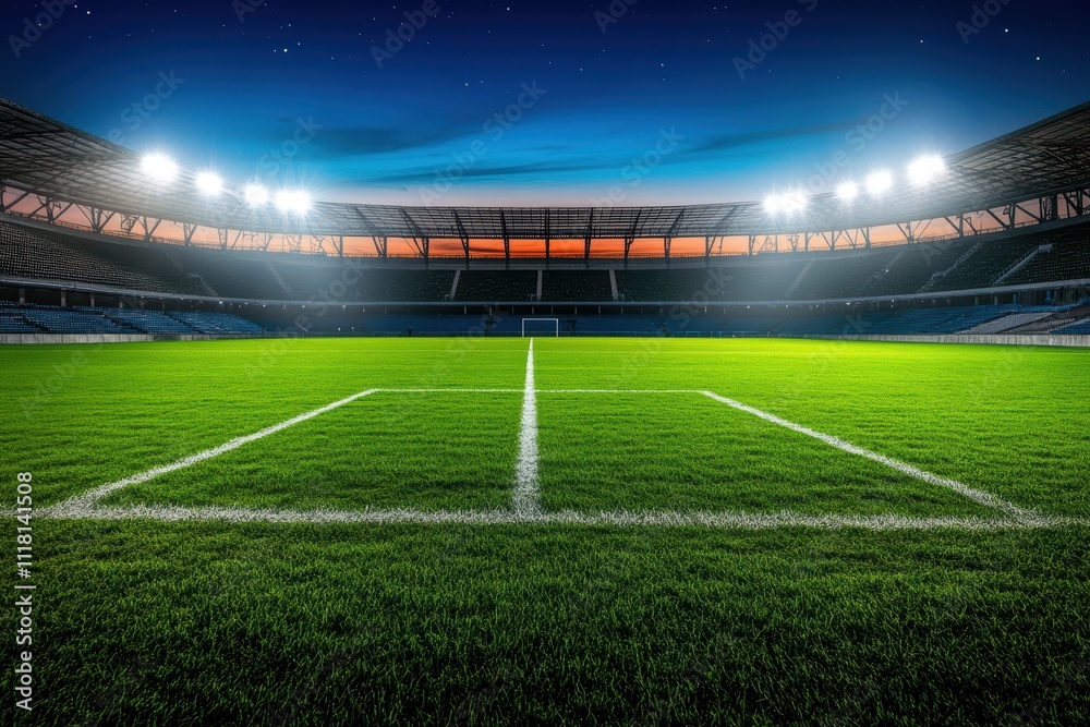A grand empty football stadium illuminated under bright floodlights against a twilight sky A grand empty football stadium illuminated under bright floodlights against a twilight sky