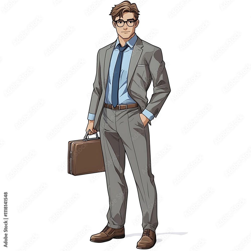 Office worker in a gray suit and blue shirt, holding a briefcase, cartoon style, on a white background Office worker in a gray suit and blue shirt, holding a briefcase, cartoon style, on a white background