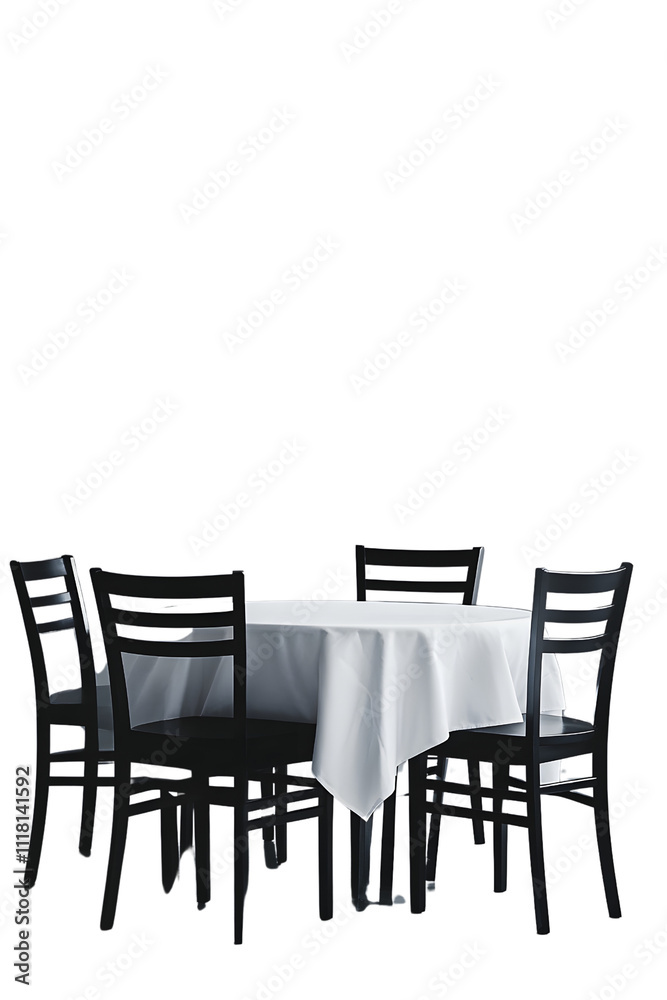 Empty Round Table with Black Chairs and White Tablecloth Empty Round Table with Black Chairs and White Tablecloth