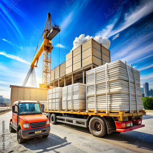 A cartoon-style construction material delivery scene, featuring an excavator