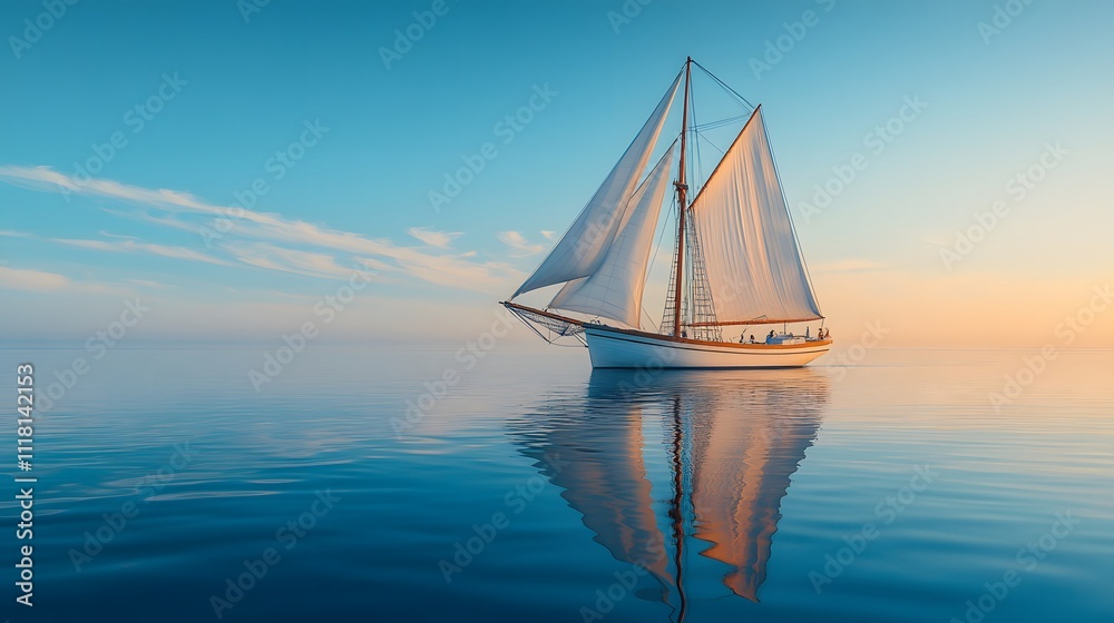 Fototapeta premium Tranquil maritime scene capturing&nbsp;sailboat on mirror-like ocean&nbsp;surface under crystal clear blue sky, showcasing peaceful seascape with white sail yacht.