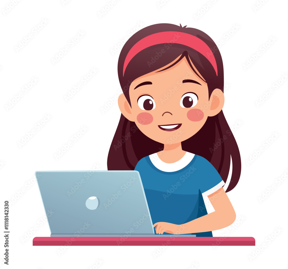 Girl sitting at laptop. Work from home. Woman working on laptop in home office. Freelancer lifestyle working concept. Girl studying online classes. Vector illustration Girl sitting at laptop. Work from home. Woman working on laptop in home office. Freelancer lifestyle working concept. Girl studying online classes. Vector illustration