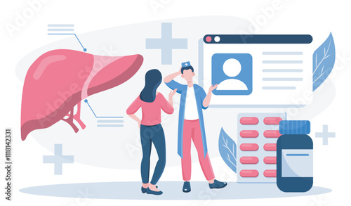 Hepatologist with patient. Man in medical uniform near huge liver. Doctor talking to patient. Healthcare and medicine. Flat vector illustration