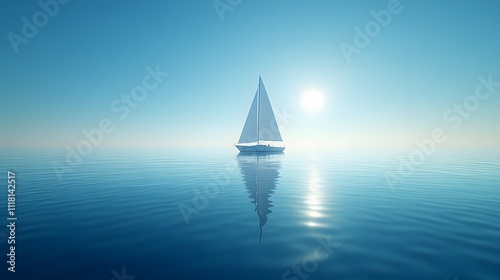 Tranquil maritime scene capturing sailboat on mirror-like ocean surface under crystal clear blue sky, showcasing peaceful seascape with white sail yacht.