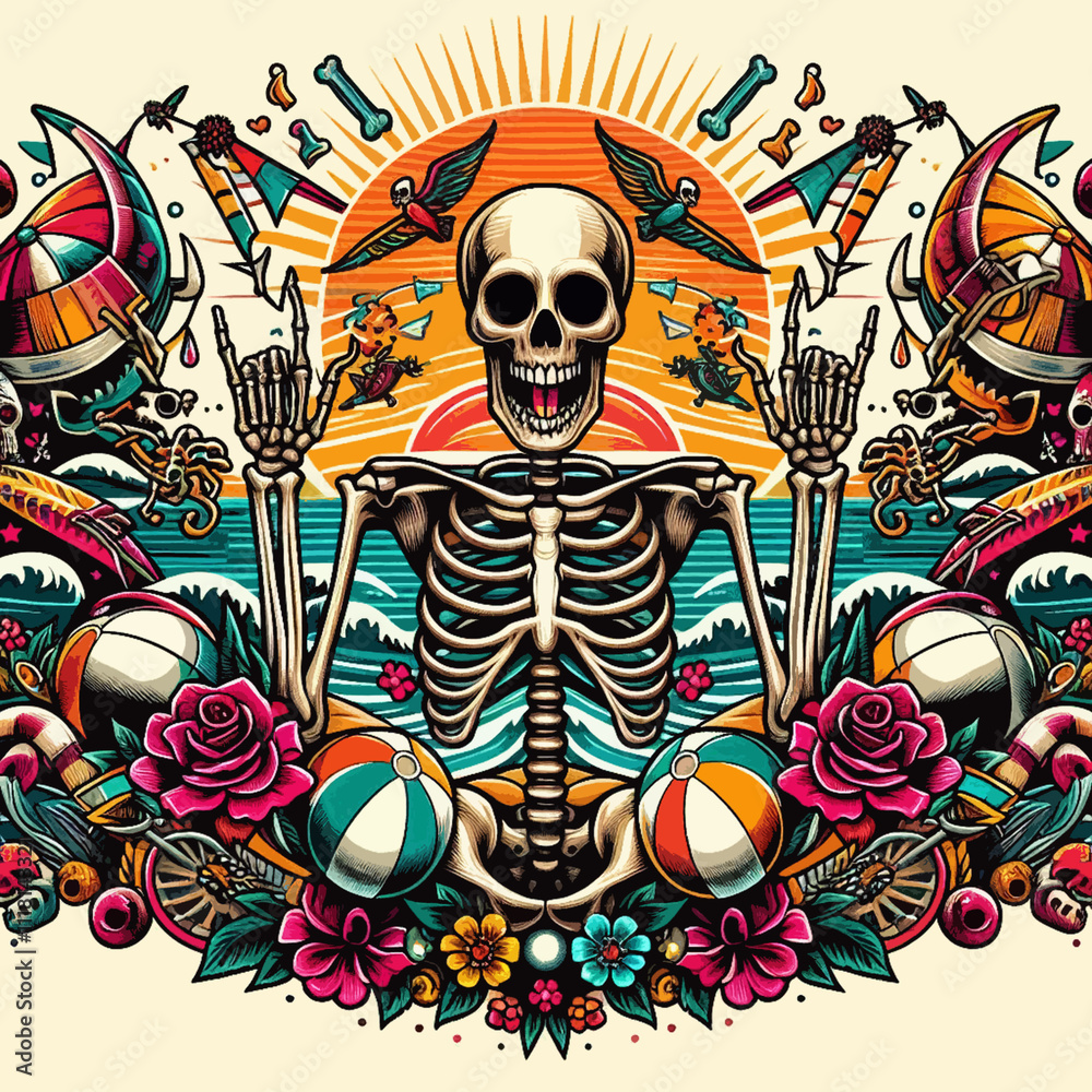 Obraz premium illustration summer skeleton vector and wallpaper full color