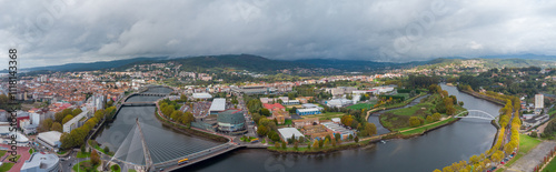 Aerial drone perspective of Pontevedra city. Famous travel destination in Galicia. River Lerez. Downtown of Pontevedra. Panoramic view of all region. Famous travel destination in Spain.