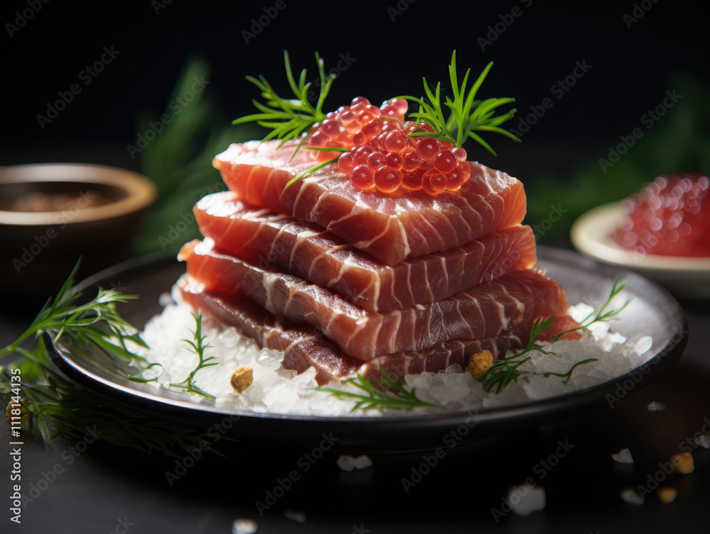 Savoring japanese beef sashimi delicate slices on a minimal white plate in soft studio lighting Savoring japanese beef sashimi delicate slices on a minimal white plate in soft studio lighting